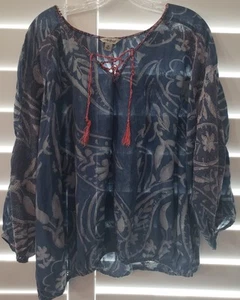 Ladies LUCKY BRAND 3/4 Slv Navy Blue White Peasant Top Blouse, Plus 3X - Picture 1 of 1