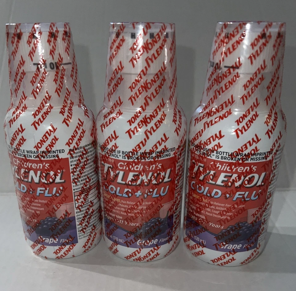 Lote de 3 Tylenol suspensão oral alívio de gripe resfriado e tosse infantil uva 4 oz - Imagem 1 de 1