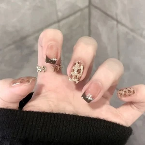 30 Pcs Leopard Print False Nail French Tip Acrylic Nail Reusable Press On Nail - Picture 1 of 8