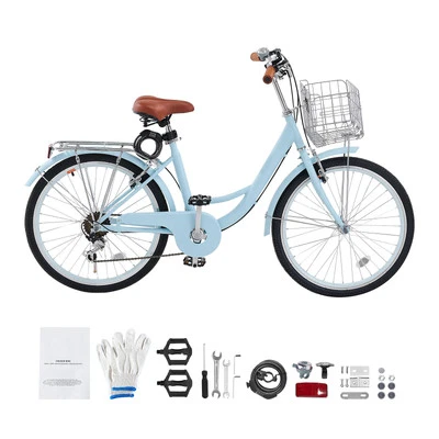 7-Speed Beach Cruiser Bike 26" City Bicycle w/Basket for Women Ladies Light Blue - Image 1 of 4
