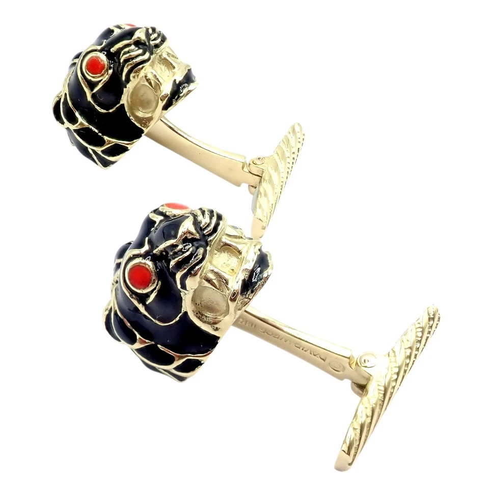 Vintage! David Webb 18k Yellow Gold Black Enamel Lion Cufflinks - Image 1 of 4