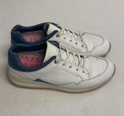 Ecco 高尔夫鞋运动鞋女式 8 Hydromax 无钉白色蓝色复古超宽 — 第 1/4 张图片