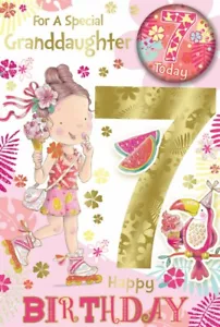 "Tarjeta e insignia de séptimo cumpleaños de nieta - 7 hoy niña con helado 9"" x 6" - Imagen 1 de 1