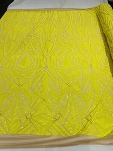 Yellow  Geometric Design Sequin Fabric On Mesh 4Way Stretch Mesh Lace By Yard - Picture 1 of 5