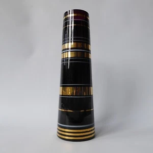 Vintage Borske Sklo art glass tapered vase, gold gilded purple black. Czech 60s - Picture 1 of 10