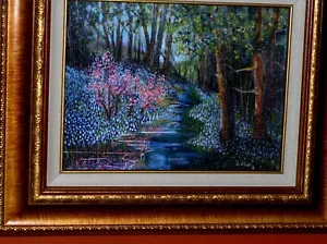 ORIGINAL Signed Bluebonnet Landscape Blooming Pink Tree Water Creek Frame VINTAG - Picture 1 of 12