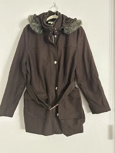 Charter Club Wool Pea Coat With Faux Fur Accents On Hood Size 16 In Chocolate  - Picture 1 of 4