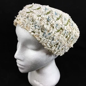 Vintage MCM Straw Cloche Bucket Hat White With Green and Blue Detail - Picture 1 of 8