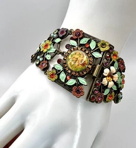 Vintage Michal Negrin Wide Statement Bracelet Enameled Flowers, Crystals, Cupid - Picture 1 of 9