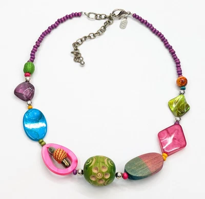 Treska Mixed Media Multi Color Statement Beaded Adjustable Necklace Boho 22" - Image 1 of 4