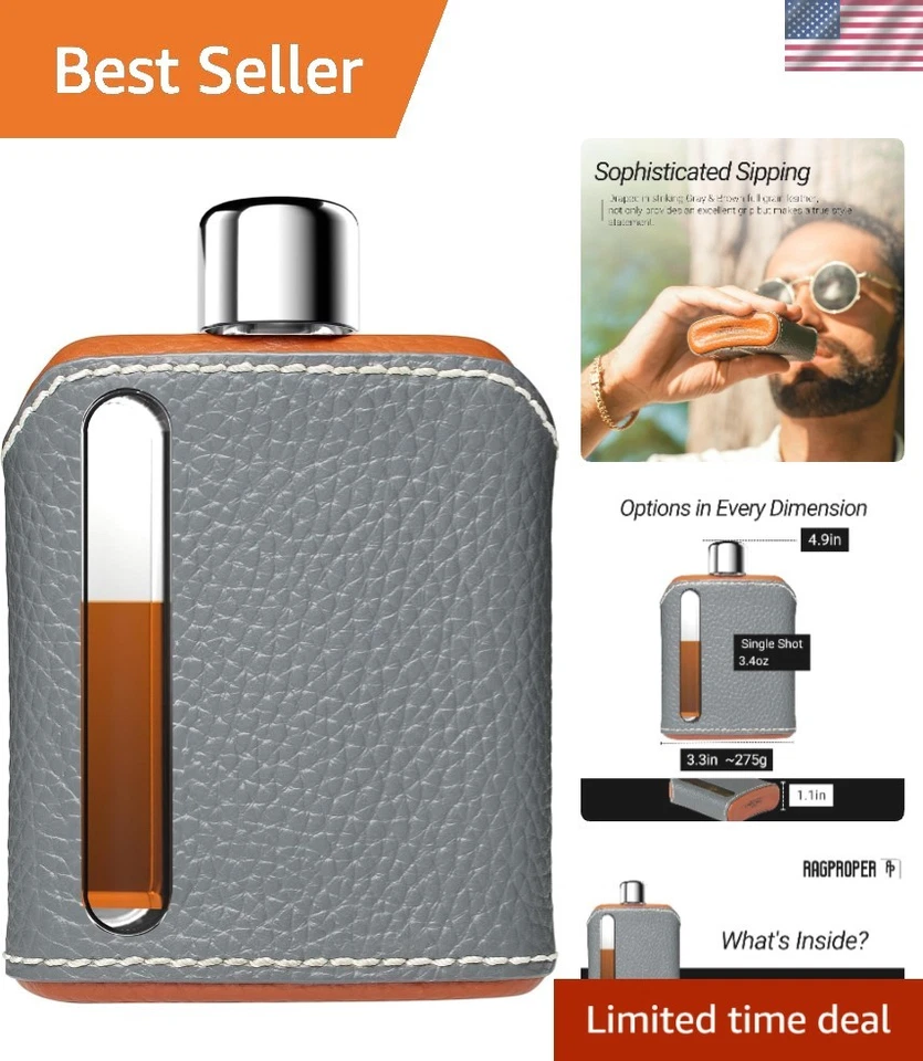 Frasco de vidro moderno quadril - Frasco coberto de couro durável para uísque, bebidas espirituosas, ... - Imagem 1 de 4