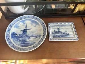 LOTE de molino de viento Royal Delft Holland De Porceleyne Fles pintado a mano placa azul - Imagen 1 de 7