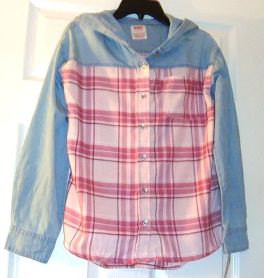 NWT Levi's Girls LARGE Hooded Soft Pink Plaid Flannel shirt and Denim Hoodie NEW - Image 1 of 2