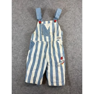 VINTAGE 90s OshKosh B’Gosh Overalls Kids Size 5 Blue Striped Shortalls Sailboat - Picture 1 of 9
