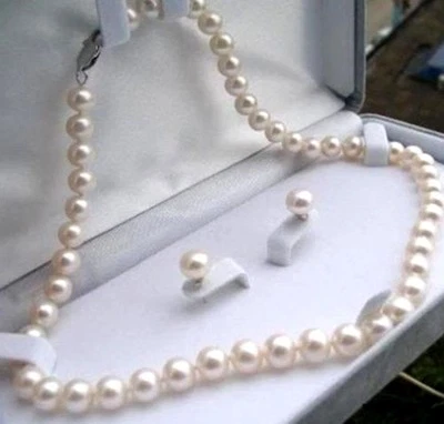 Juego de aretes de plata con perlas cultivadas de Akoya blancas naturales de 7-8 mm 18" Foto 1 de 3