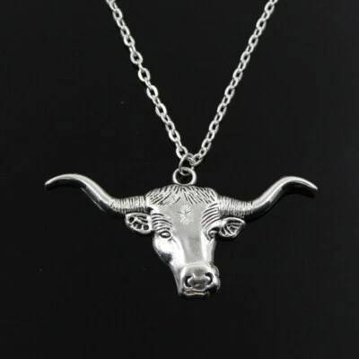 large LONGHORN BULL HORN STEER steel pendant Sterling Silver 925 24" chain MEN - Image 1 of 4