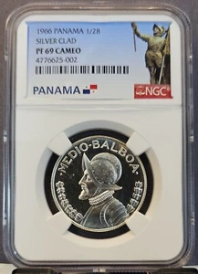 1966 PANAMA SILVER 1/2 BALBOA VASCO NUNEZ DE BALBOA NGC PF 69 CAMEO HIGH GRADE  - Picture 1 of 3