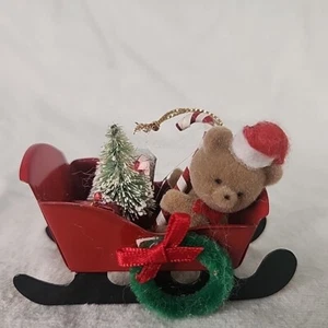 Red Metal Ornament Sleigh With Flocked Teddy Bear & Presents Russ Berrie 1980’s  - Picture 1 of 6
