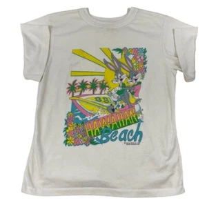 Vintage 1988 Bugs Bunny T-Shirt Girls Sz 14 White Cartoon Hawaii Beach Graphic - Picture 1 of 11