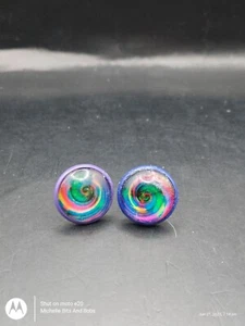 Handmade Purple Tone Stud Earrings With Multicolour Swirls Cabochons - Picture 1 of 2