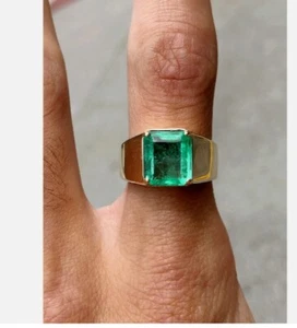 4Ct Certified Natural Green Emerald Engagement Gift Men's Ring 14k Solid Gold - Picture 1 of 12