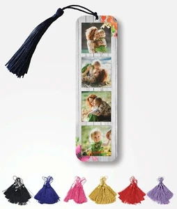 Personalised Metal Photo Bookmark - 4 Photos - Christmas Gift - Wood Flower - Picture 1 of 7