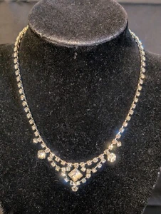 Vintage Clear Rhinestone Choker Necklace Silver Tone 14.75” Hook Close Art Deco - Picture 1 of 6