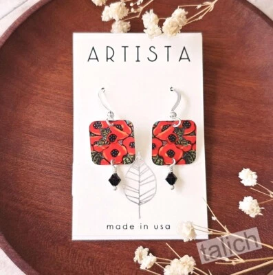 Artista Earrings 'CLEO' Small Red Floral Square Black Bead Lightweight Unique - Image 1 of 4