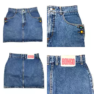 Vintage 80er Bongo Medium Wash High Waist Jewel Button Denim Minirock 27x16" - Bild 1 von 16