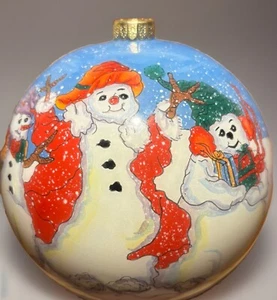 VTG Figi Inside Art Snowmen Hand Painted & Blown Glass Ornament M. Parker READ - Picture 1 of 9