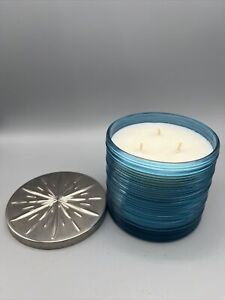 Bath & Body Works Iced Vanilla Woods 3 Wick Candle Blue Glass Jar