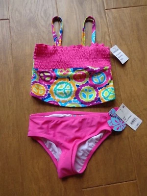 BEACH NATIVE 2-piece NWT sz 5 pink 2-piece swimsuit hearts & stripes    - Image 1 of 3