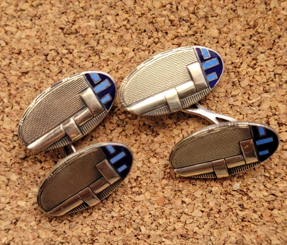 Coppia di Gemelli da Polso Vintage Art Déco – Anni ‘20/‘30 – Argento e Smalto - Immagine 1 di 3
