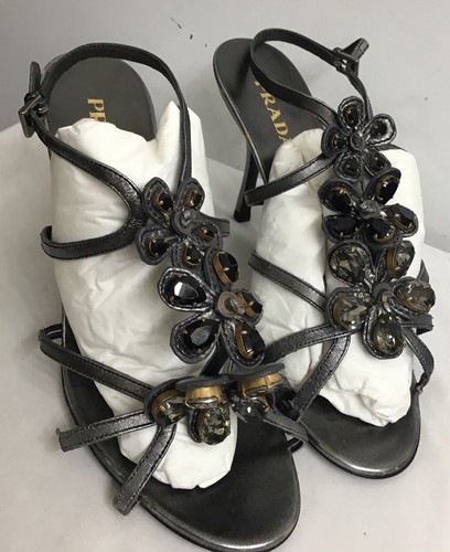 Prada sandalo tacco peltro cinturini metallizzati strass petali fiori 39 5 nuovo