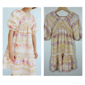 Zara Linen Cotton Girls Dress Size 13/14 Pink Yellow Tie-Dye Smocked Summer - Picture 1 of 10