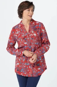 Denim & Co. nuevo con etiquetas Túnica estampada tejida con botones delanteros manga enrollable roja talla L - Imagen 1 de 11