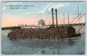 BARCO PAQUETE RÍO MISSISSIPPI 1910-20 CON GRAN CARGA DE PACAS DE ALGODÓN POSTAL - Imagen 1 de 2