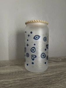 Evil Eye Clear Glass Cup 16 Oz With Straw And Bamboo Lid Gift New - Picture 1 of 2