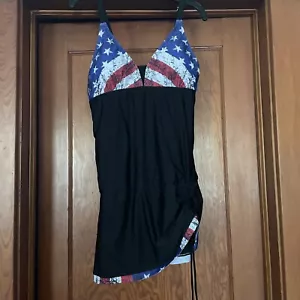Women's Tummy Control Swimsuit One Piece Swim XL Black American Flag Print - Picture 1 of 10