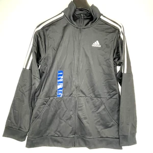 Adidas Boys Full Zip Long Sleeve Black 3 White Stripes Shirt L/G (14/16) NEW - Picture 1 of 12
