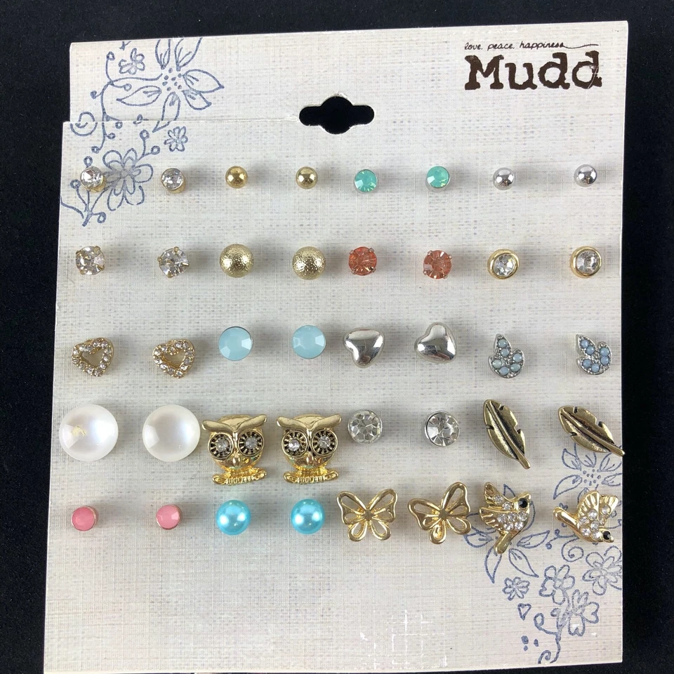 Juego de regalo de pendientes de barro 20 pares de tachuelas búhos tono cobre y plata Foto 1 de 1