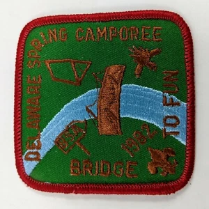 Parche bordado BSA Boy Scouts 3"x3" Delaware Spring Camporee Bridge Fun 1982 - Imagen 1 de 2