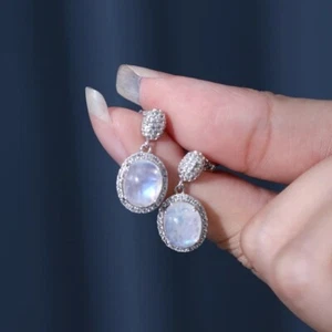 Natural Milky Blue Moonstone Oval Halo Dangle Earrings 925 Sterling Silver - Picture 1 of 6
