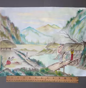 PINTADO A MANO ASIÁTICO PUEBLO DE MONTAÑA ESCENA GENTE, PUENTES SOBRE SEDA SIN FIRMAR - Imagen 1 de 4