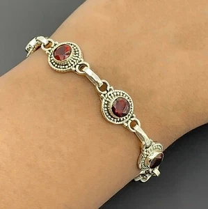 Elegante brazalete de plata de ley 925 para damas granate rojo diseñador piedras preciosas - Imagen 1 de 4