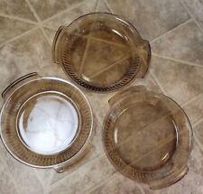 3 Anchor Hocking VINTAGE 9 in Pie Plate Dish #1460 Amber Brown Glass Ribbed USA