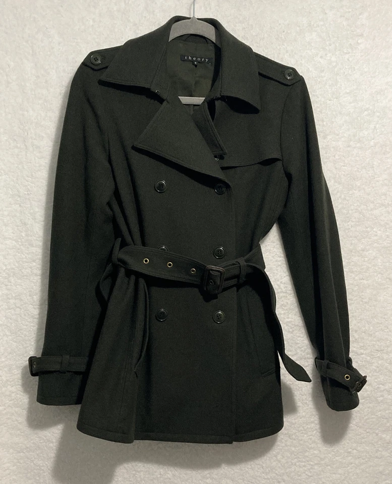 Theory Coat Jacket Size 2 Small s felt winter belt button pockets Olive Green - Image 1 of 4