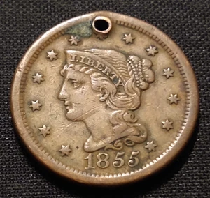 1855 geflochtenes Haar großer Cent schräg vz AU Details besseres Datum Kupfer Art Münze - Bild 1 von 2