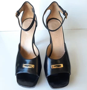 Gucci Women Heels US 6.5 Black Leather Ankle Strap Block 4" Heel Shoes Italy E4 - Picture 1 of 7