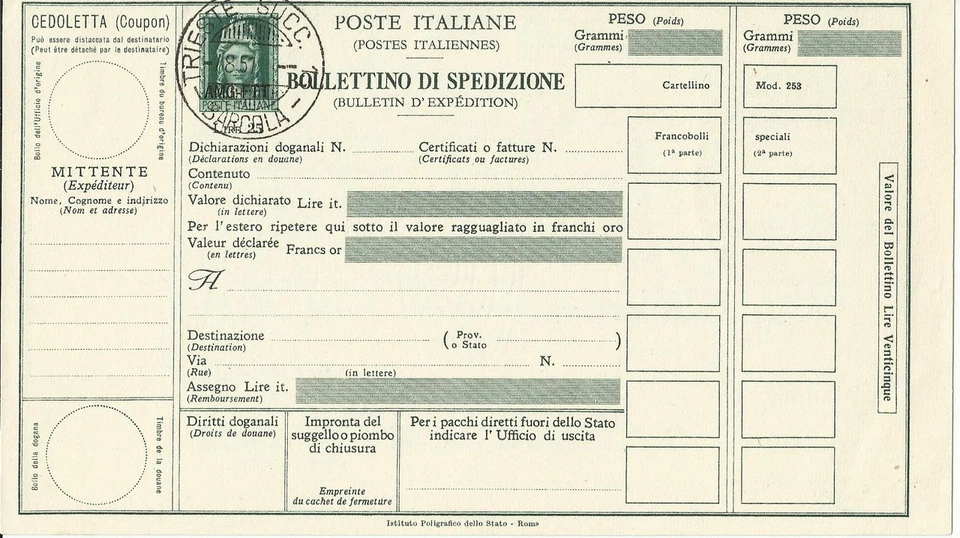 Trieste A - Shipping Bulletin Lire 25 Turrita No. P 10 cancelled - Image 1 of 1